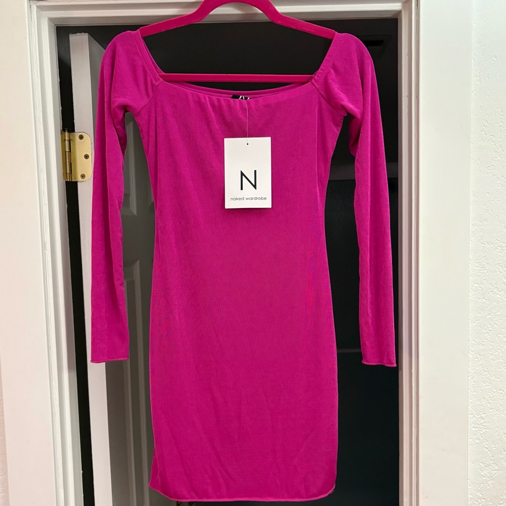 NWT Naked Wardrobe Fuchsia Long Sleeve Dress